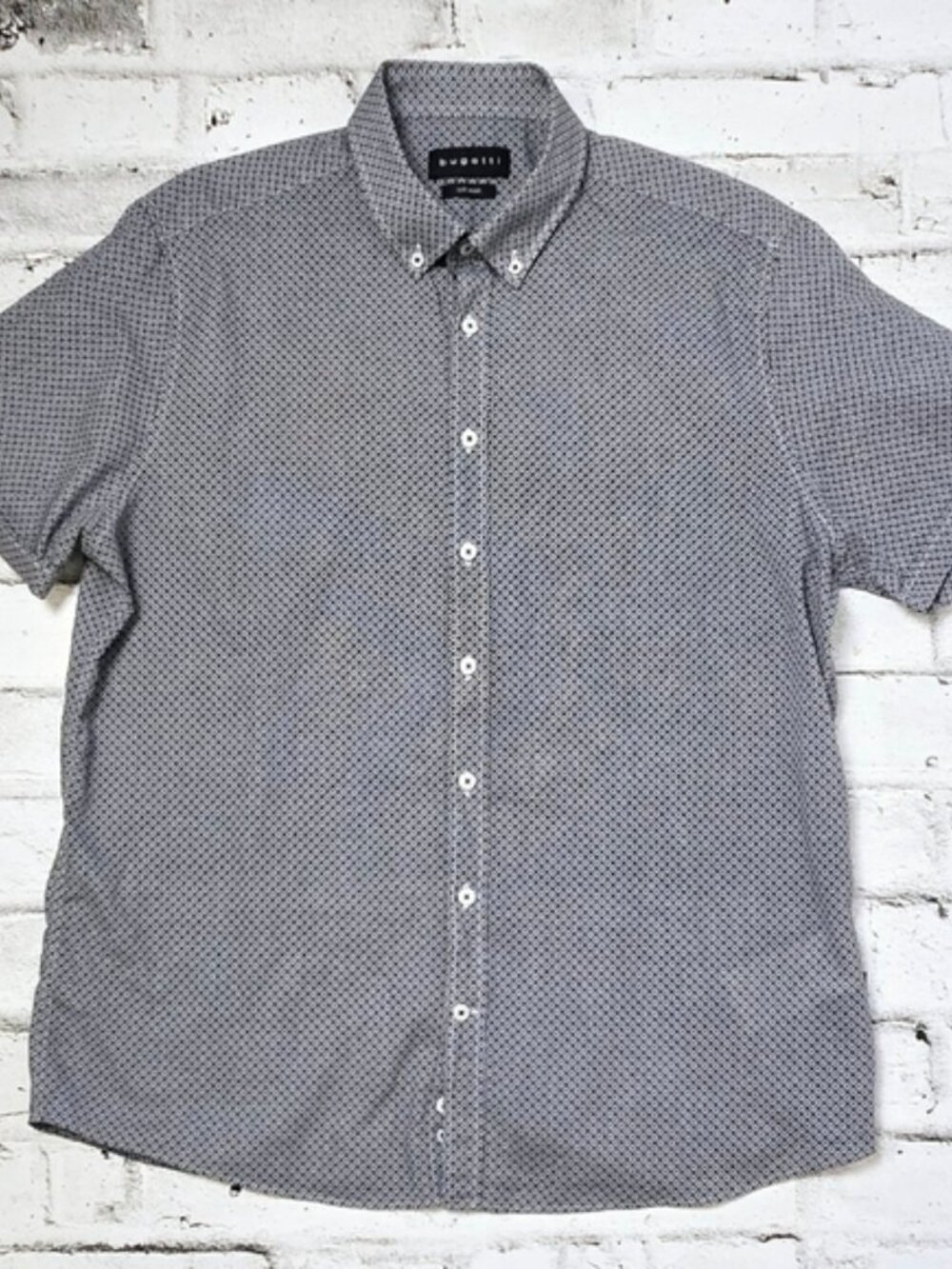 Bugatti Men’s Printed Short Sleeve Soft Wash Slub Cotton Shirt Blue XL